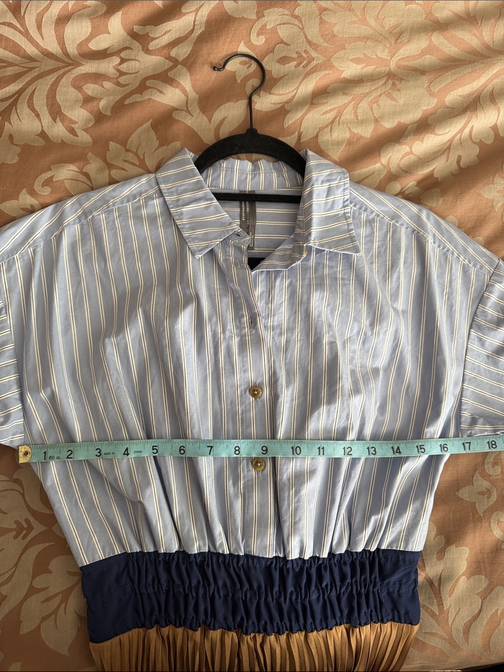 Anthropologie Striped Blue Shirt Top, Navy Waist, Camel & White pleat skirt - Picture 8 of 8